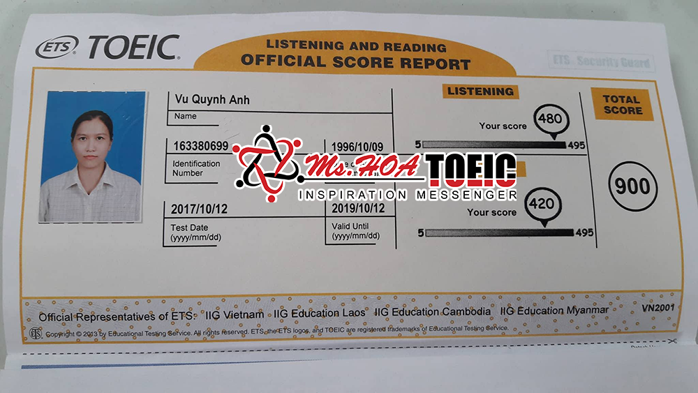 Bảng kết quả thi toiec của bạn Vũ Quỳnh Anh sau khi luyện thi toeic tại anh ngữ Ms Hoa