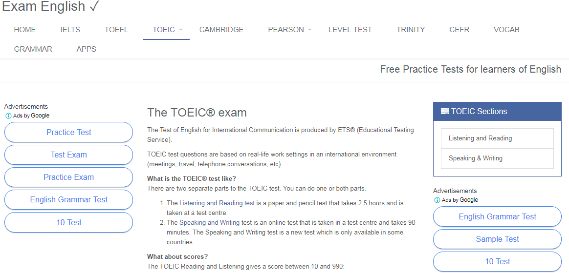 Giao diện trang Examenglish.com giúp bạn có thể ôn thi toeic online