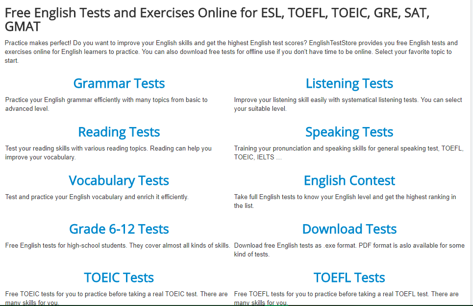 Nguồn thi thử TOEIC online : Free English Tests