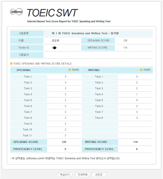 Mẫu bảng điểm toeic speaking và writing