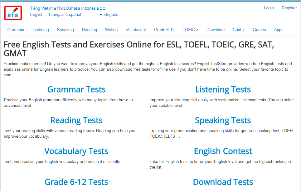 Giao diện trang English Test Store để ôn thi toeic online