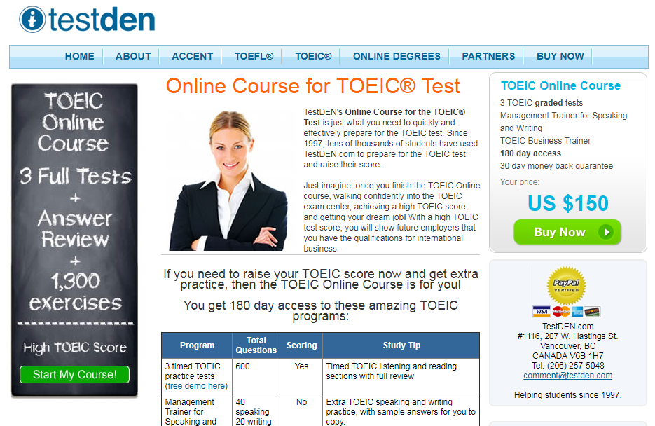 Giao diện trang Testden.com để ôn thi toeic online