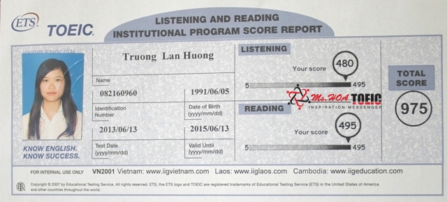 Mẫu phiếu báo điểm TOEIC Reading & Listening