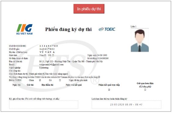 Phiếu đăng kí dự thi TOEIC IIG - Tiếng Anh Thầy Quý