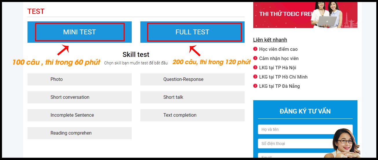 Giao diện lựa chọn làm bài TEST