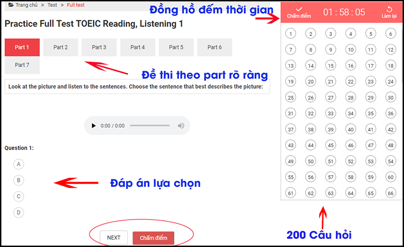 thi thử TOEIC giao diện test