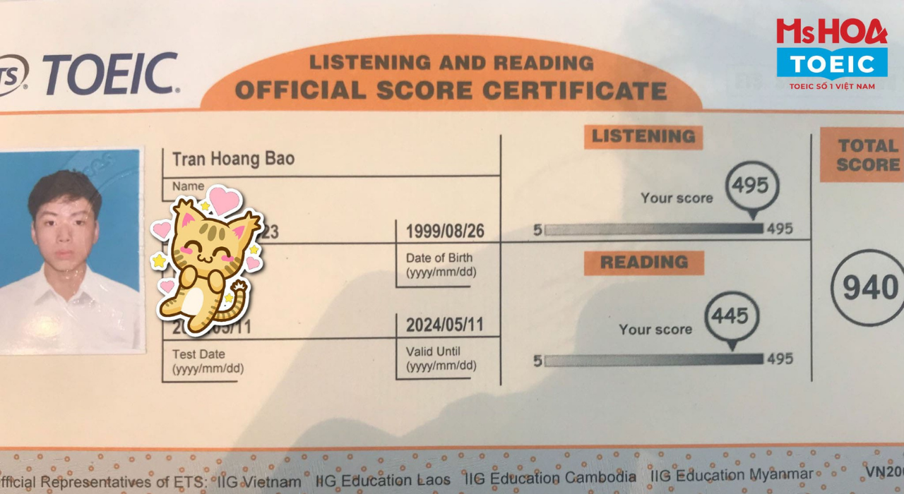 Trần Hoàng Bảo học viên điểm cao 940 TOEIC