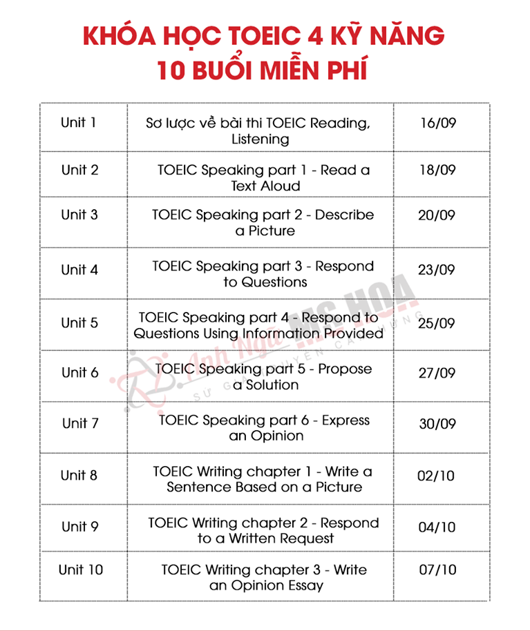 Khóa học Giao tiếp miễn phí - Toeic 4 kỹ năng 10 buổi online