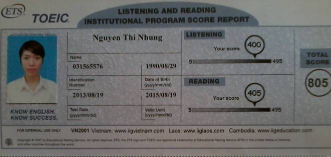 diem thi TOEIC, form chung nhan bang diem toeic