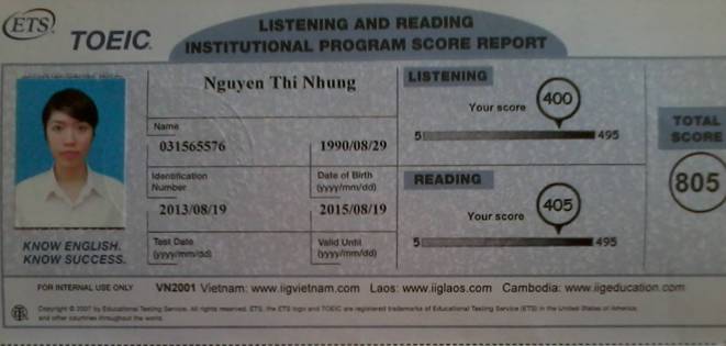 diem thi TOEIC, form chung nhan bang diem toeic